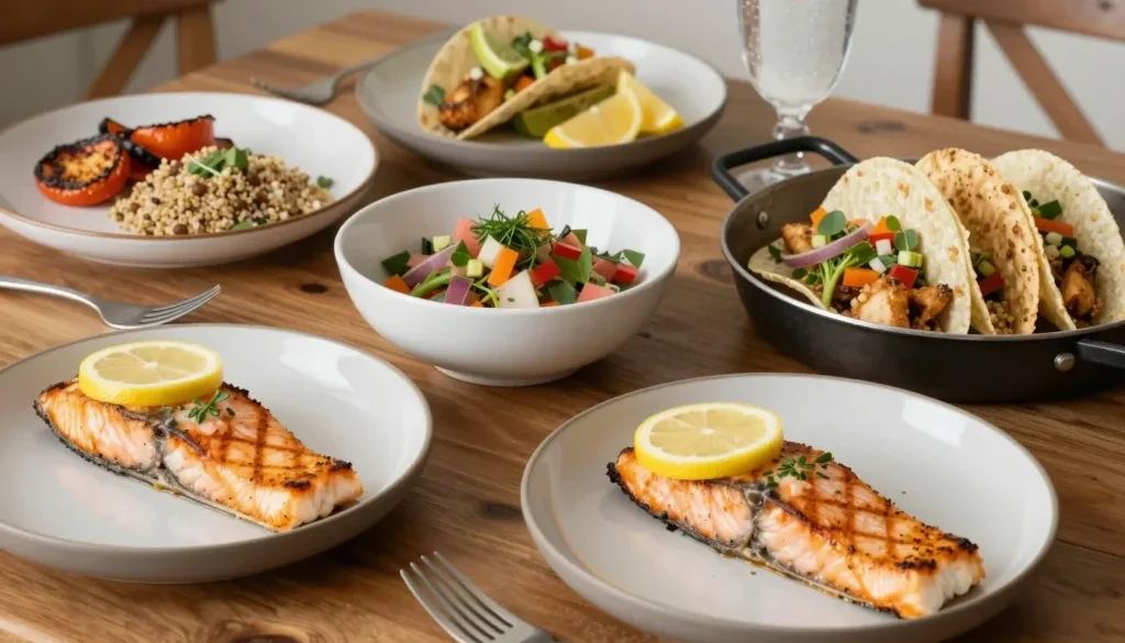A vibrant, appetizing kitchen scene featuring a variety of quick and tasty fish dishes for hearty lunches and dinners: a grilled salmon fillet with lemon slices, a pan-seared cod with herbs, a bowl of fish tacos with fresh salsa, accompanied by colorful side dishes like roasted vegetables, quinoa salad, and a glass of sparkling water; all beautifully plated on rustic wooden table, with natural lighting highlighting the food's textures and colors