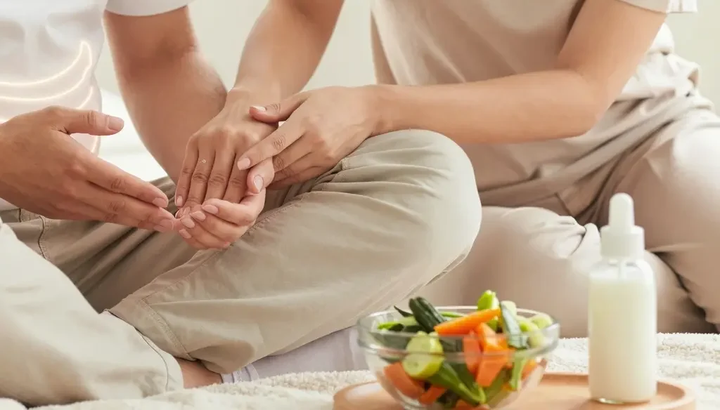 A gentle, caring scene showing a happy infant sitting on a soft blanket, holding a small tummy rub hand gesture, with a concerned but supportive parent nearby. Include subtle visual cues of digestion health, such as a soft glowing outline around the baby's abdomen and natural elements like a bowl of pureed vegetables and a bottle, all in warm, soothing colors to convey comfort and wellness.
