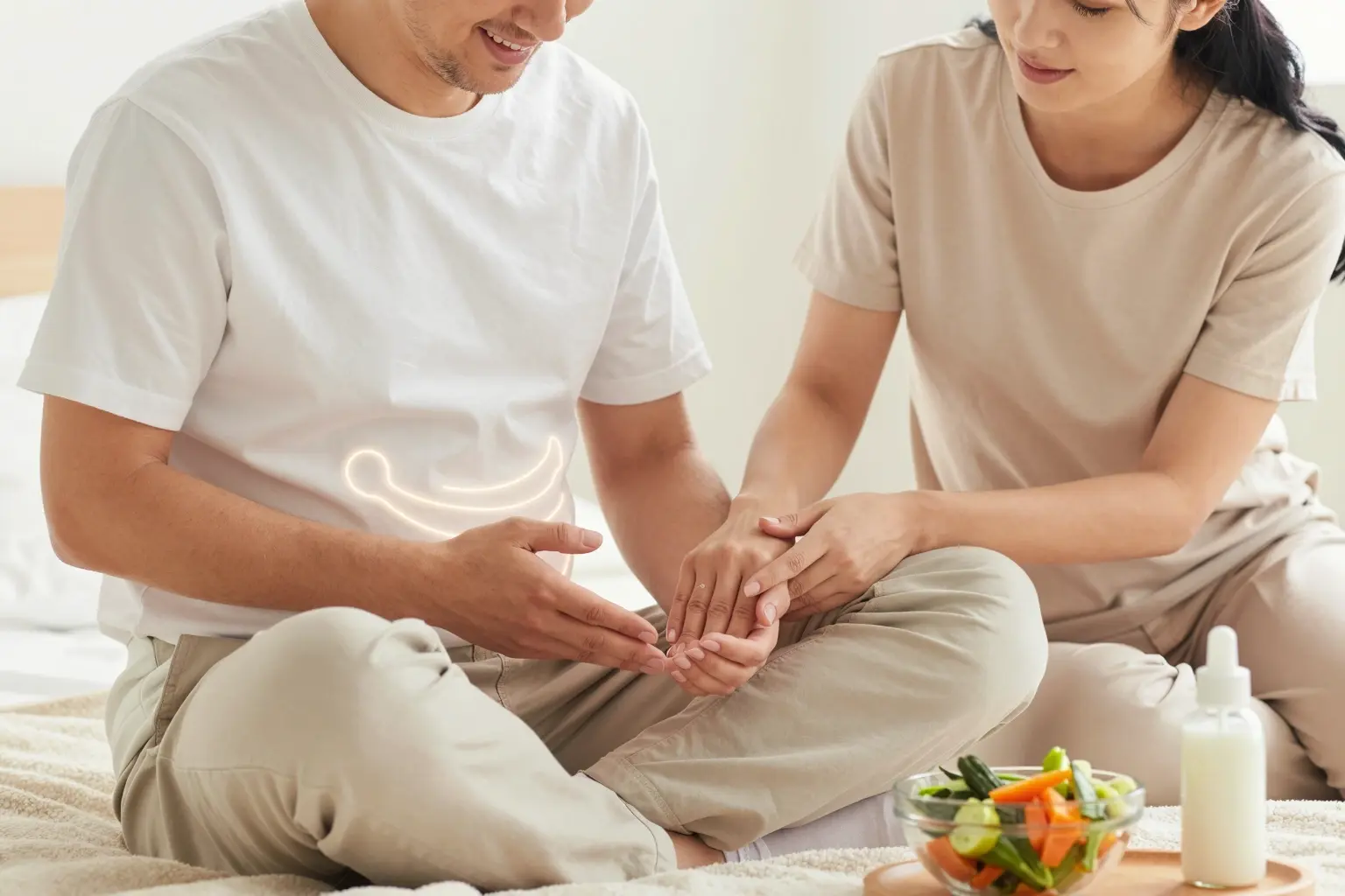 A gentle, caring scene showing a happy infant sitting on a soft blanket, holding a small tummy rub hand gesture, with a concerned but supportive parent nearby. Include subtle visual cues of digestion health, such as a soft glowing outline around the baby's abdomen and natural elements like a bowl of pureed vegetables and a bottle, all in warm, soothing colors to convey comfort and wellness.