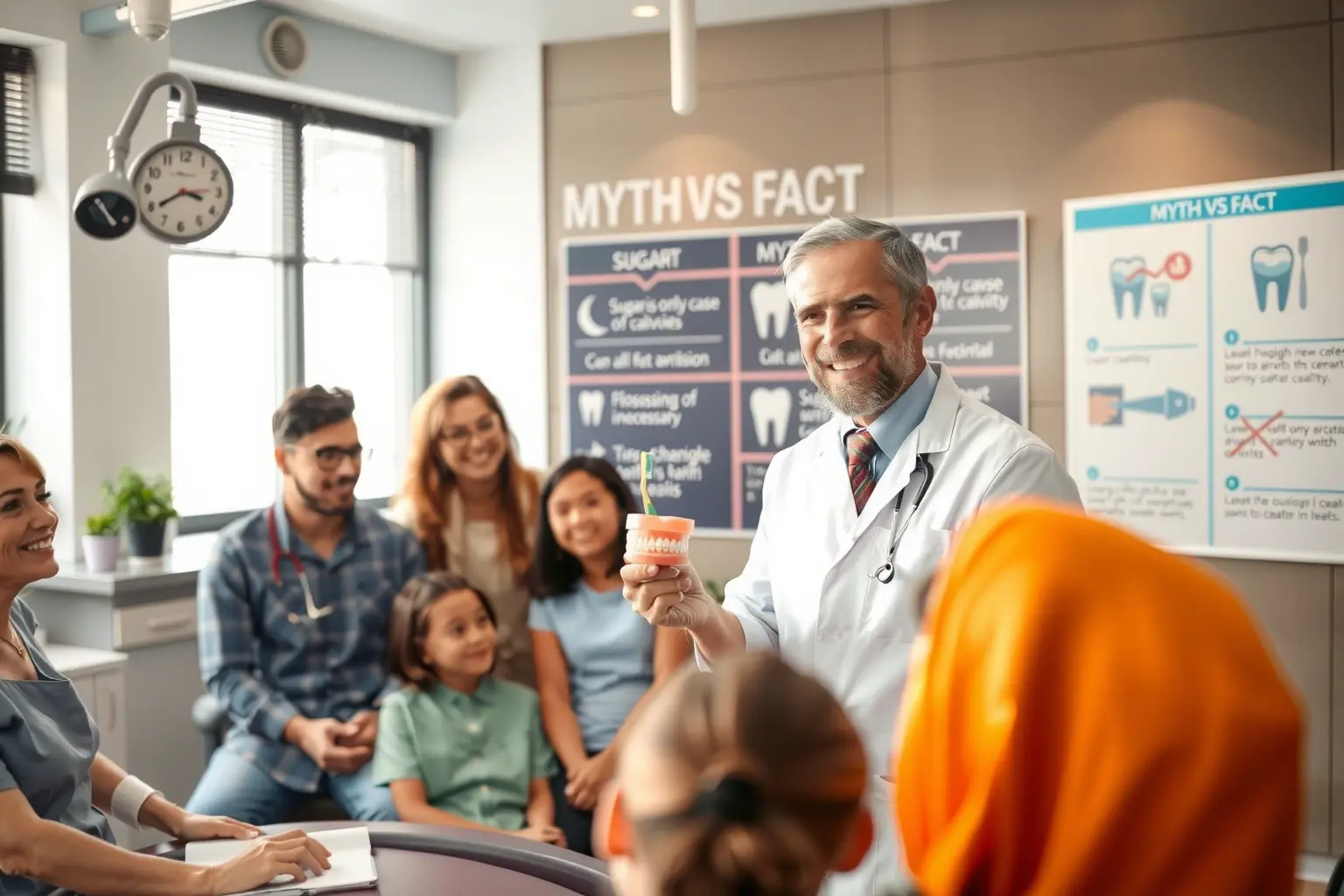 A friendly dentist in a modern clinic explaining oral hygiene to a diverse group of patients, holding a toothbrush and a model of teeth, with a large 'Myth vs Fact' infographic board in the background showing common dental myths being debunked (e.g., 'Sugar is the only cause of cavities' crossed out, 'Flossing is unnecessary' crossed out), soft natural lighting, warm colors, realistic details