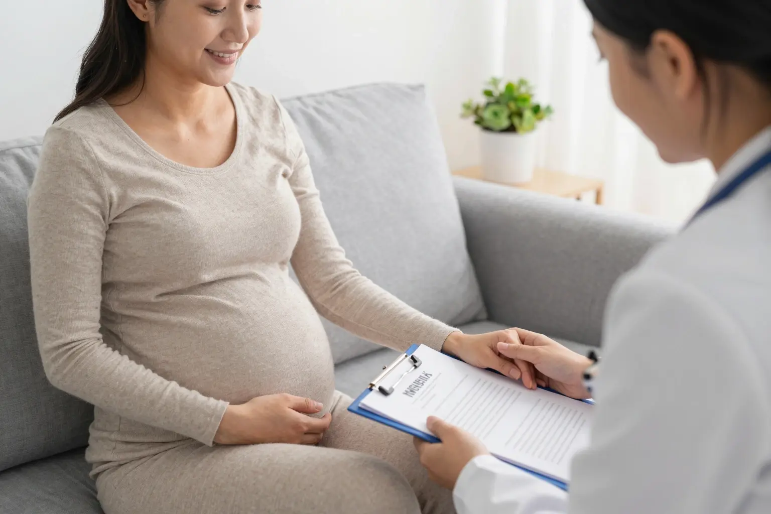 A serene, supportive scene of a pregnant woman in her second pregnancy, sitting in a cozy, well-lit home environment, with a partner or family member gently holding her hand, while a healthcare professional consults with her, showing a calm, reassuring atmosphere