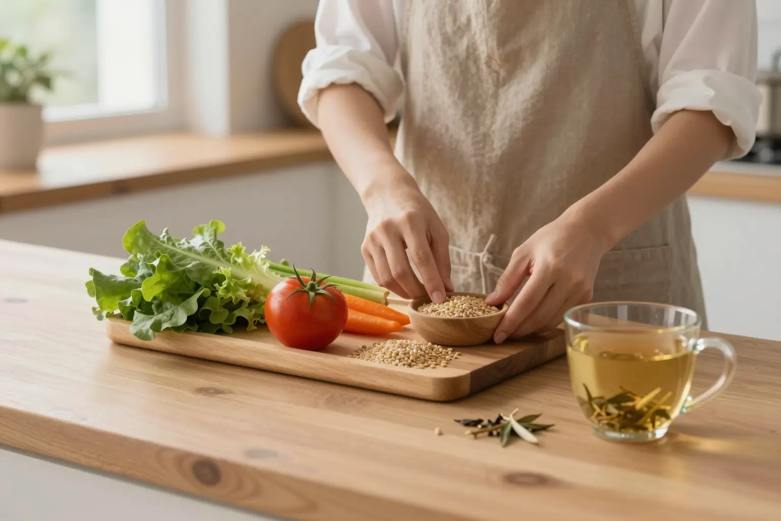 A peaceful kitchen scene showing a person preparing a healthy meal with fresh vegetables, whole grains, and herbal tea on a wooden countertop, soft natural light from a window, calm atmosphere, no text or symbols