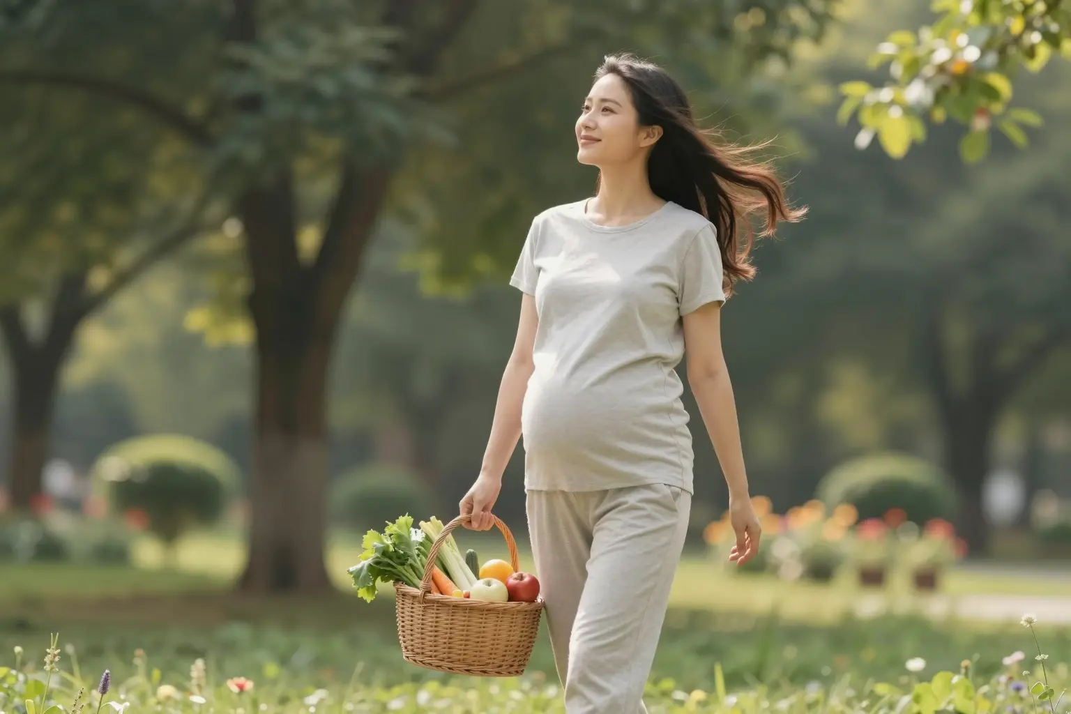 A pregnant woman in comfortable clothing walking outdoors in a sunny park, holding a basket of fresh vegetables and fruits, smiling, with a gentle breeze moving her hair, surrounded by green trees and flowers, realistic lighting, natural colors, no text or symbols