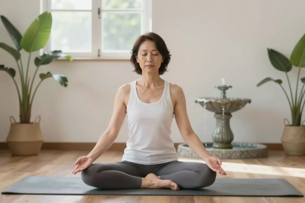 A serene, supportive scene of a middle-aged woman practicing gentle yoga in a sunlit room, with a calm expression, surrounded by natural elements like plants and a small water fountain, symbolizing balance and wellness