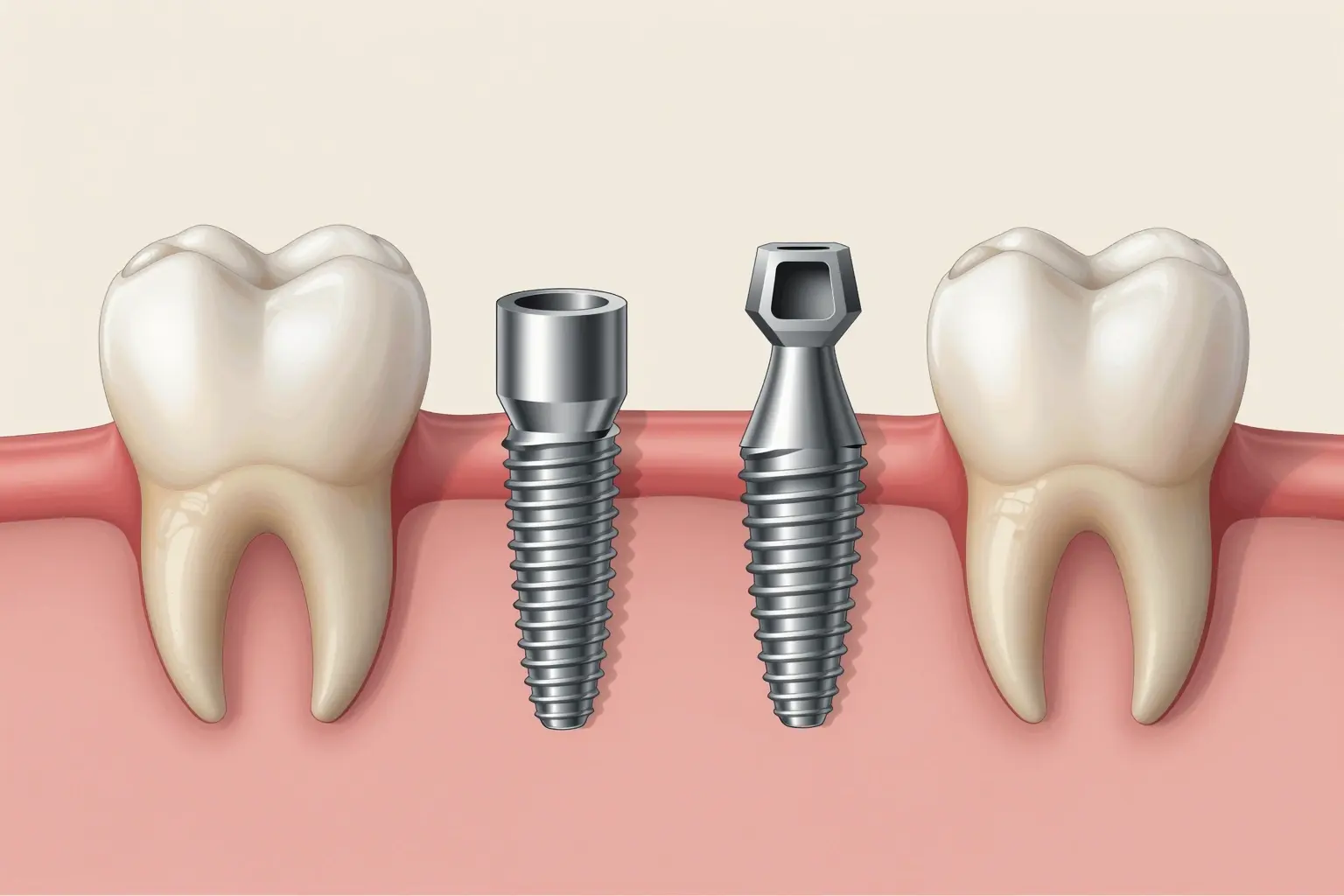 A detailed medical illustration showing the step-by-step process of dental implantation: first, a damaged tooth being extracted; second, a titanium implant being surgically placed into the jawbone; third, the abutment attached to the implant; fourth, the final crown being secured on top. Include close-up views of bone integration (osseointegration) and soft tissue healing around the implant. Show a neutral background with soft lighting, anatomical accuracy, and no text or labels.