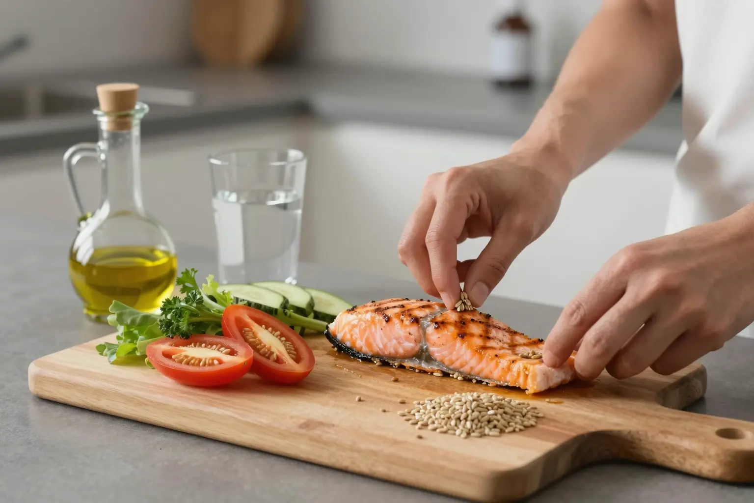 A calm, modern kitchen scene showing a person preparing a healthy meal with fresh vegetables, olive oil, grilled salmon, and whole grains on a wooden cutting board, with a glass of water and a cholesterol-lowering supplement bottle subtly visible in the background, soft natural lighting, warm tones, no text or labels